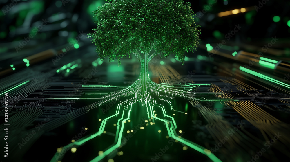 Poster lush green tree sprouts from illuminated circuit board, glowing roots intertwine with digital pathwa