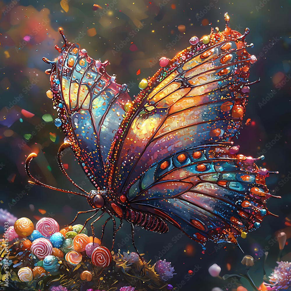 Poster vibrant butterfly with intricate patterns and colorful details rests on whimsical garden filled with