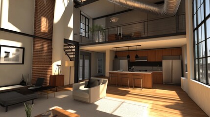 Modern urban loft with exposed ductwork, minimalist decor, and an open, airy layout.  