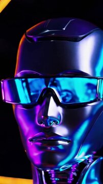Futuristic Robot Wearing Neon Glasses, Artificial Intelligence Concept, Tech Backgroun