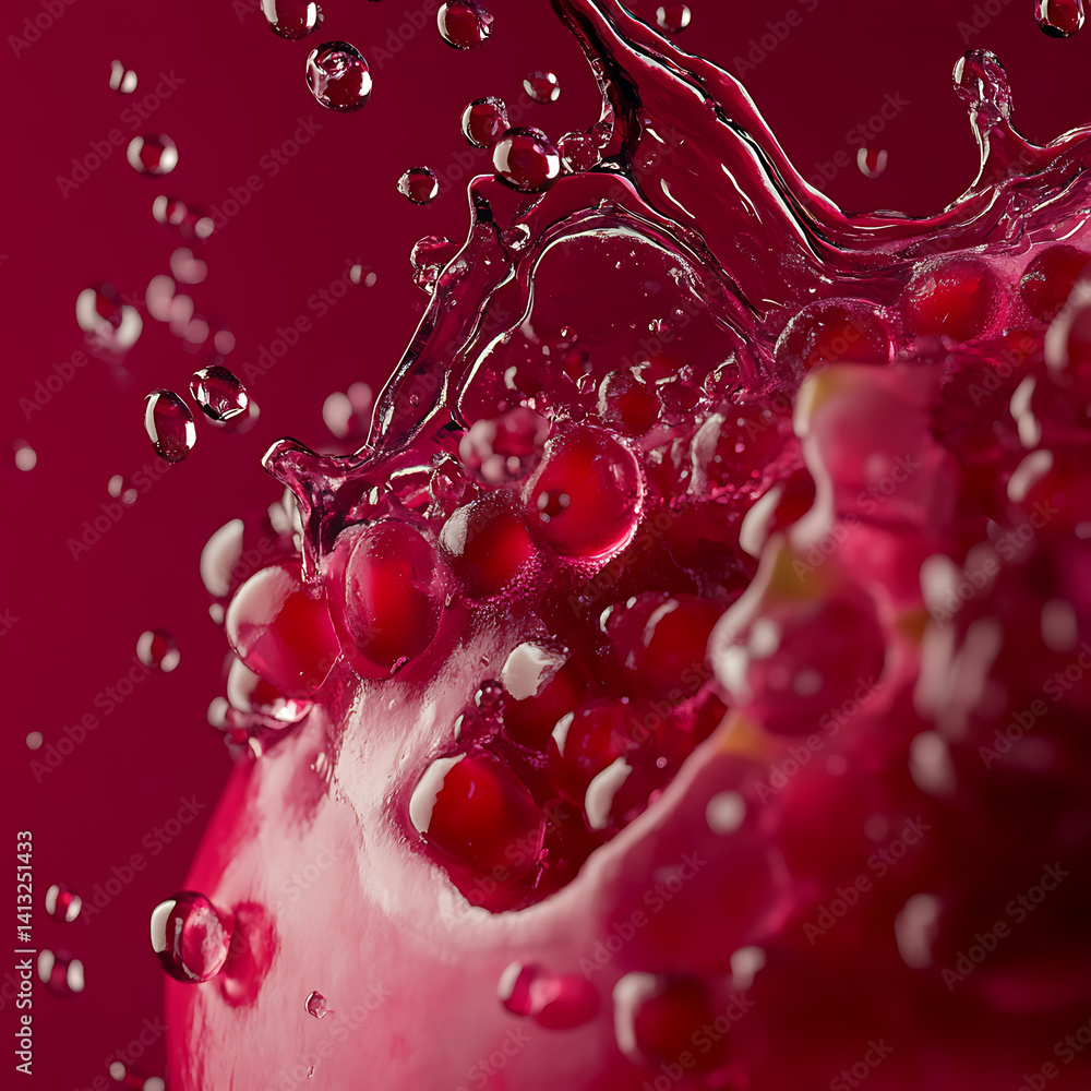 Aufkleber close up shot of pomegranate with droplets of water splashing around it, creating dynamic and vibran