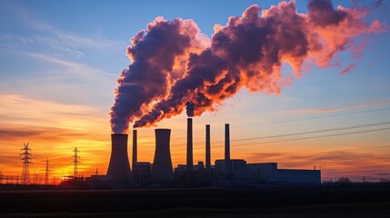 Industrial smokestacks releasing pollution at sunset with vibrant colors