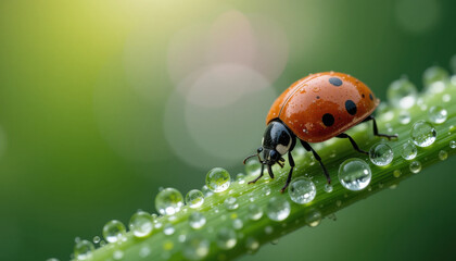 Obraz premium ladybug crawls on green leaf adorned with glistening droplets of water, creating serene scene
