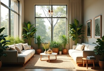 Fototapeta premium stylish modern interior design bright natural light abundant indoor plants cozy atmosphere serene ambiance aesthetic decor elements, home, space, greenery