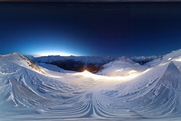 A view of a snow covered mountain at night from the top of a hill