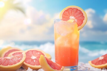 A zesty grapefruit juice in a tall glass with slices of grapefruit adorning the base, set on a sunny day backdrop