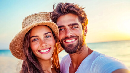 Obraz premium Happy couple taking a selfie on beach at sunset
