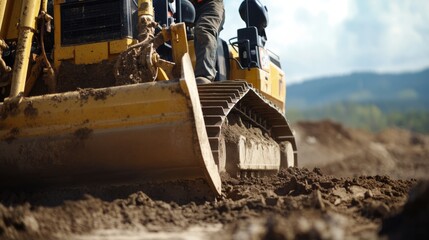 Construction worker operating bulldozer for site grading. Featuring precision and control
