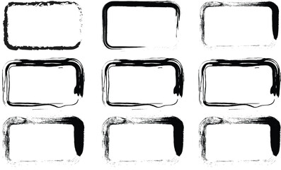 Obraz premium Dry paint stains brush stroke backgrounds set. Dirty artistic vector design elements, boxes, frames for text, labels, logo. Hipster stickers, paintbrush grunge stamp label backgrounds, circle frame