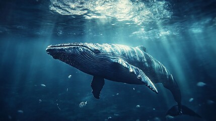 Majestic whale swims underwater amidst sunlight and small fish in ocean