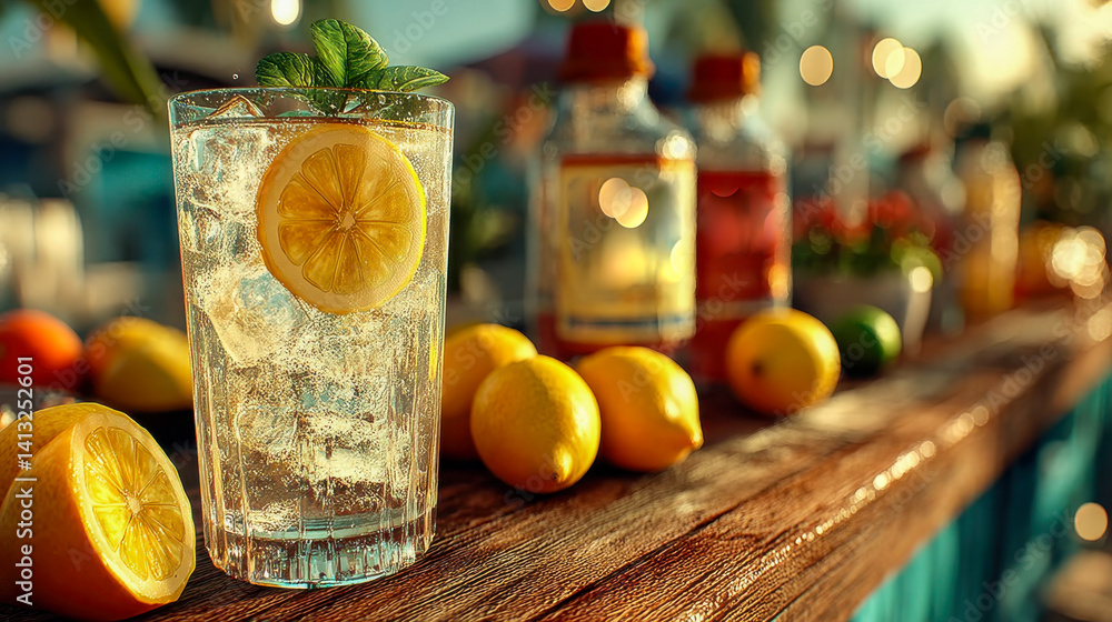Poster refreshing lemonade with lemon slice and mint in a clear glass, surrounded by lemons on a rustic tab