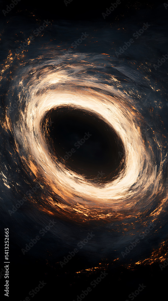 Poster mesmerizing cosmic scene featuring swirling black hole surrounded by luminous gas and dust, creating