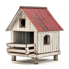Rustic White Birdhouse with Red Roof.