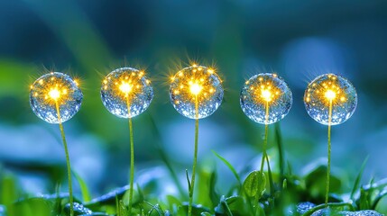 Four yellow flowers blue green nature background soft focus photography