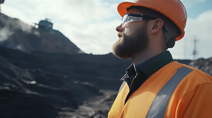 Mining engineer inspecting environmental impact at a mining site. Featuring environmental assessment and sustainability