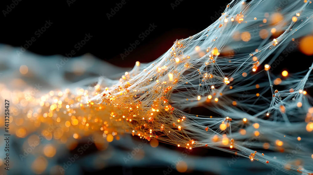 Poster complex neural network visualization with glowing orange nodes and connected threads, concept of ai 