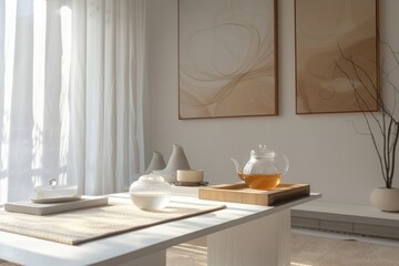 Serene Living Room with Tea Set and Minimalist Decor Elements
