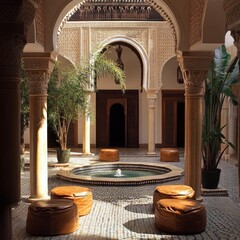 Moorish archways leading to a patio with mosaic-tiled fountains, carved wooden screens, and low leather poufs. 