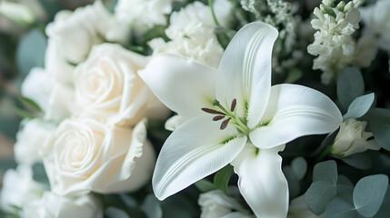 Obraz premium A white funeral bouquet of lilies and roses, with subtle greenery, symbolizing peace, remembrance, and eternal love.
