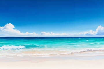 Obraz premium A painting of a beach scene with a blue sky and white clouds