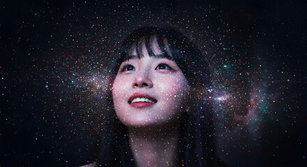 Woman Looking Up At Sparkling Galaxy Light Transparent Background