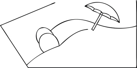 A black line vector illustration depicts a hand holding a pen, another hand with a paper clip, and a hand-drawn pen symbol