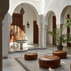 Moorish archways leading to a patio with mosaic-tiled fountains, carved wooden screens, and low leather poufs. 