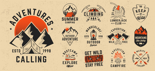 Vintage logo set of  13 adventure outdoor emblems. Hiking, Adventure logo set in vintage retro style. Perfect for outdoor branding, survival gear and wilderness exploration themes. Vector illustration