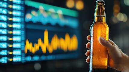 A hand holds a cold beer bottle in front of a blurred digital display, suggesting a blend of leisure and technology.
