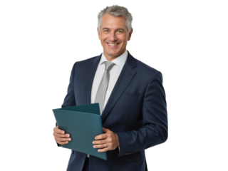 Business portrait isolated on white transparent background: A mature, gray-haired businessman in a navy suit and tie confidently smiles while holding a dark green folder.