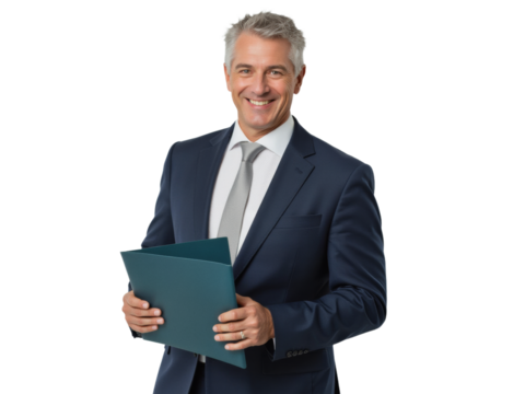 Business portrait isolated on white transparent background: A mature, gray-haired businessman in a navy suit and tie confidently smiles while holding a dark green folder.