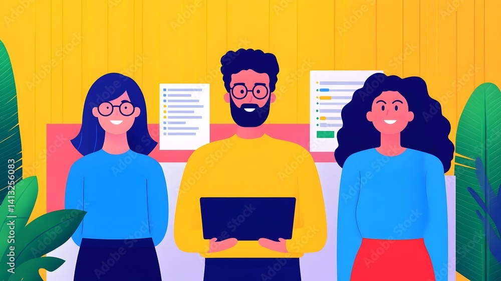 Poster a team of professionals in a vibrant modern office space analyzing future demographic trends using i
