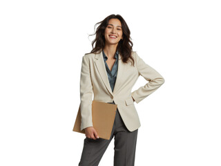 Business portrait isolated on white transparent background: A smiling young woman with long brown hair confidently stands with a folder, dressed in a beige blazer and gray trousers against a plain w