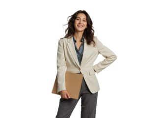 Business portrait isolated on white transparent background: A smiling young woman with long brown hair confidently stands with a folder, dressed in a beige blazer and gray trousers against a plain w