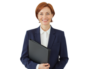 Business portrait isolated on white transparent background: A confident businesswoman with auburn hair smiles directly at the camera while holding a black portfolio against a neutral background.