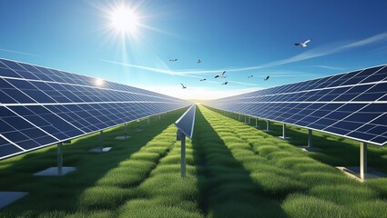 Solar Panels in a Green Field Under a Bright Blue Sky