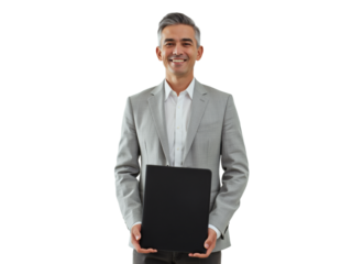Business portrait isolated on white transparent background: A smiling mature man with graying hair confidently holds a laptop while standing against a plain white background.