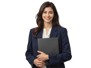 Naklejka premium Business portrait isolated on white transparent background: A confident woman in a navy blazer and white blouse smiles directly at the camera while holding a black portfolio.
