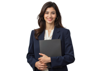 Business portrait isolated on white transparent background: A confident woman in a navy blazer and white blouse smiles directly at the camera while holding a black portfolio.