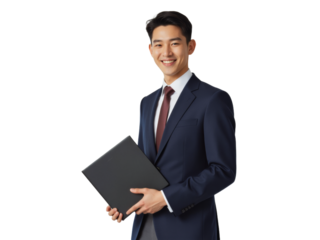 Business portrait isolated on white transparent background: A smiling Asian man in a navy suit and tie confidently holds a black portfolio against a neutral background.