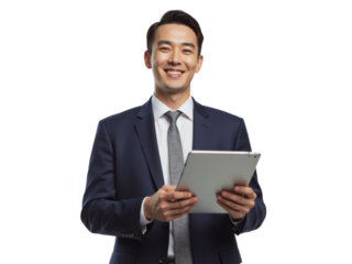 Business portrait isolated on white transparent background: A smiling Asian man in a navy suit and tie confidently holds a tablet while looking directly at the viewer against a plain white backgroun