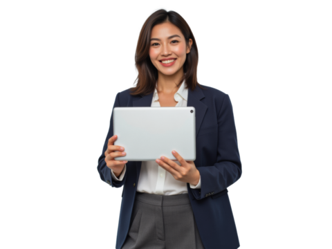 Business portrait isolated on white transparent background: A smiling Asian woman in a navy blazer and grey pants confidently holds a tablet, presenting its screen to the viewer against a plain whit