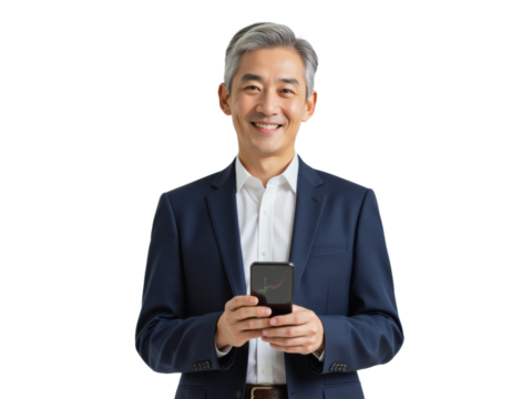 Business portrait isolated on white transparent background: A mature Asian man in a navy suit confidently holds up his smartphone while smiling directly at the camera against a plain white backgroun - Powered by Adobe