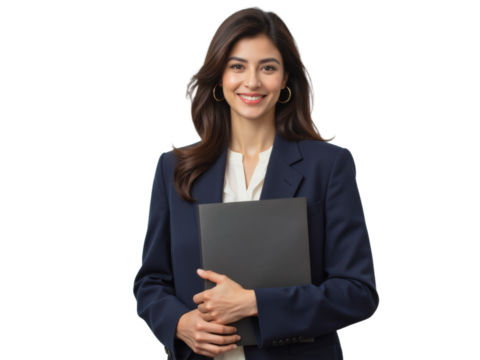 Business portrait isolated on white transparent background: A confident woman in a navy blazer and white blouse smiles directly at the camera while holding a black portfolio. - Powered by Adobe