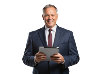 Business portrait isolated on white transparent background: A mature businessman in a navy suit and tie confidently holds a tablet while smiling directly at the camera against a clean white backgrou