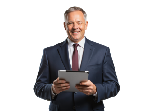 Business portrait isolated on white transparent background: A mature businessman in a navy suit and tie confidently holds a tablet while smiling directly at the camera against a clean white backgrou