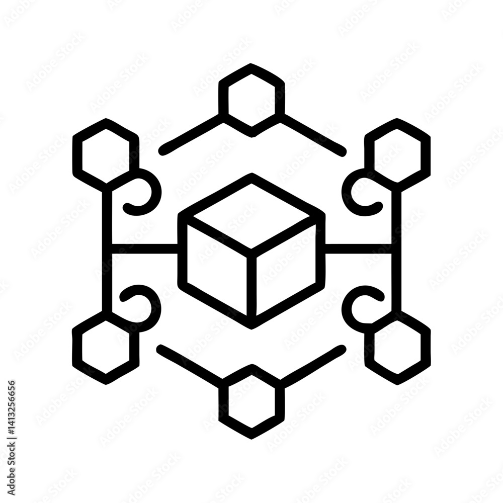 Poster cube network blockchain technology connection system hexagon structure data distribution concept dia