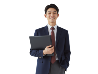 Business portrait isolated on white transparent background: A smiling Asian man in a navy suit and tie confidently holds a tablet while standing against a plain white background.