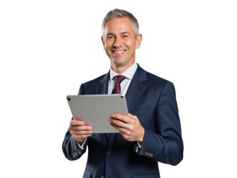 Business portrait isolated on white transparent background: A smiling, mature businessman in a dark suit and tie confidently holds a tablet while looking directly at the viewer against a plain white