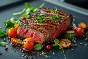 Juicy steak topped with ripe tomato and fresh basil leaves, sizzling on a hot grill, creating a mouthwatering and flavorful dish.